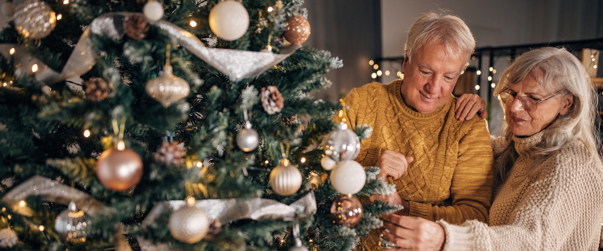 Couple decorating the Christmas tree