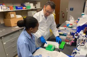 Jingxin Wang in lab with researcher