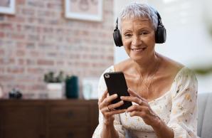 Woman listening to a podcast on her phone