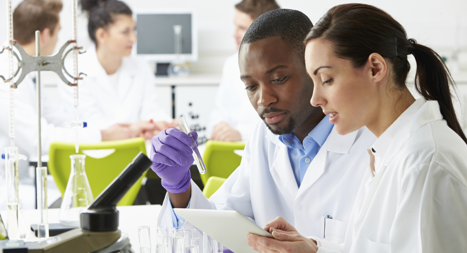 Two scientists working together in the lab