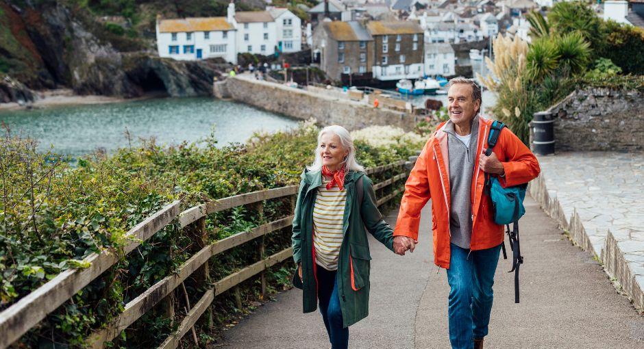 Couple walking around town on a vacation